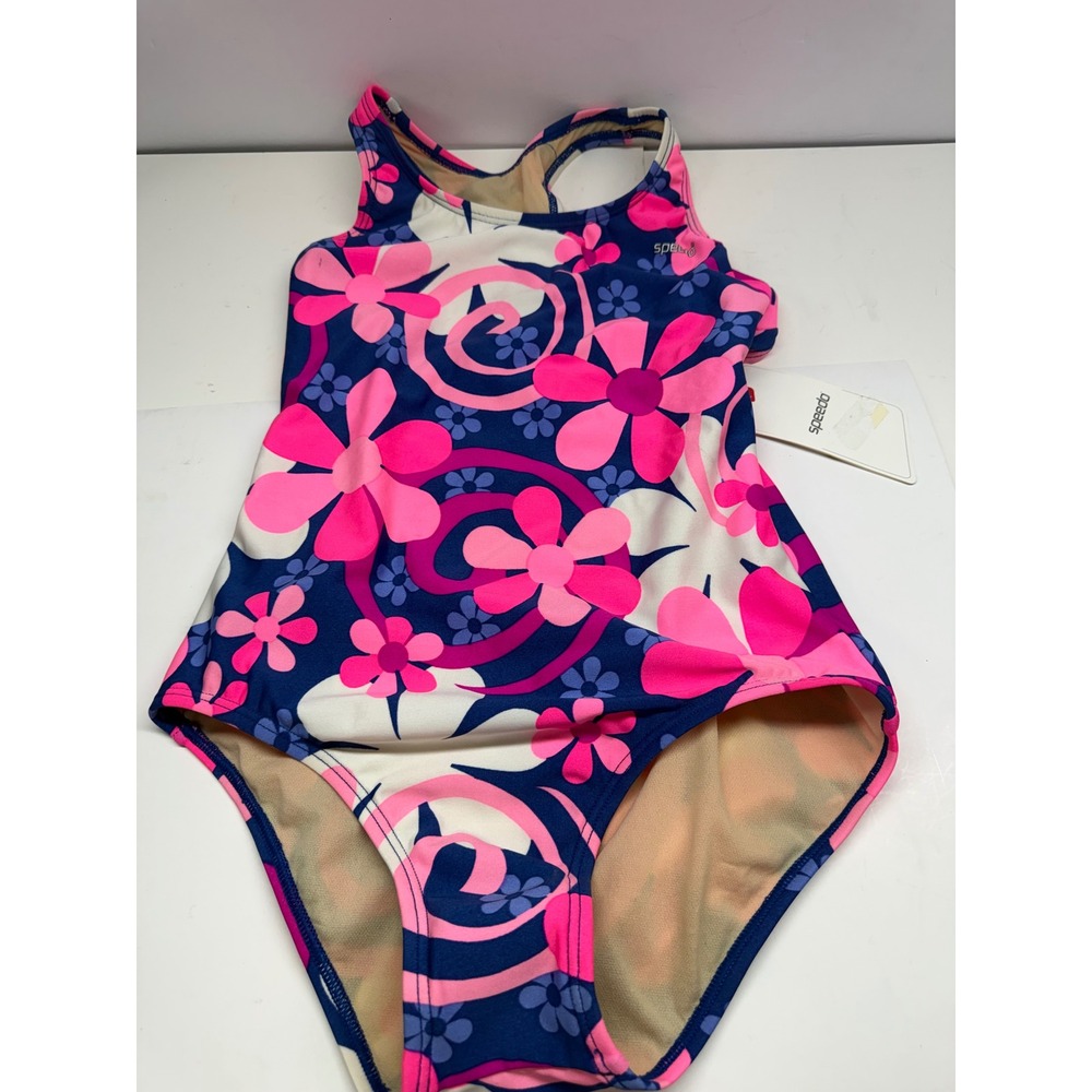 Speedo Girls One Piece Swimsuit Size 14 Floral Pink Purple Blue Racerback NWT